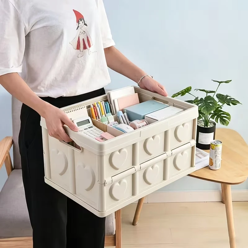Outdoor Foldable Storage Bin with Wooden Lid for Camping Car Travel,Stackable Dustproof Box with Handle,Large Capacity Multifunctional Car Trunk Luggage Container