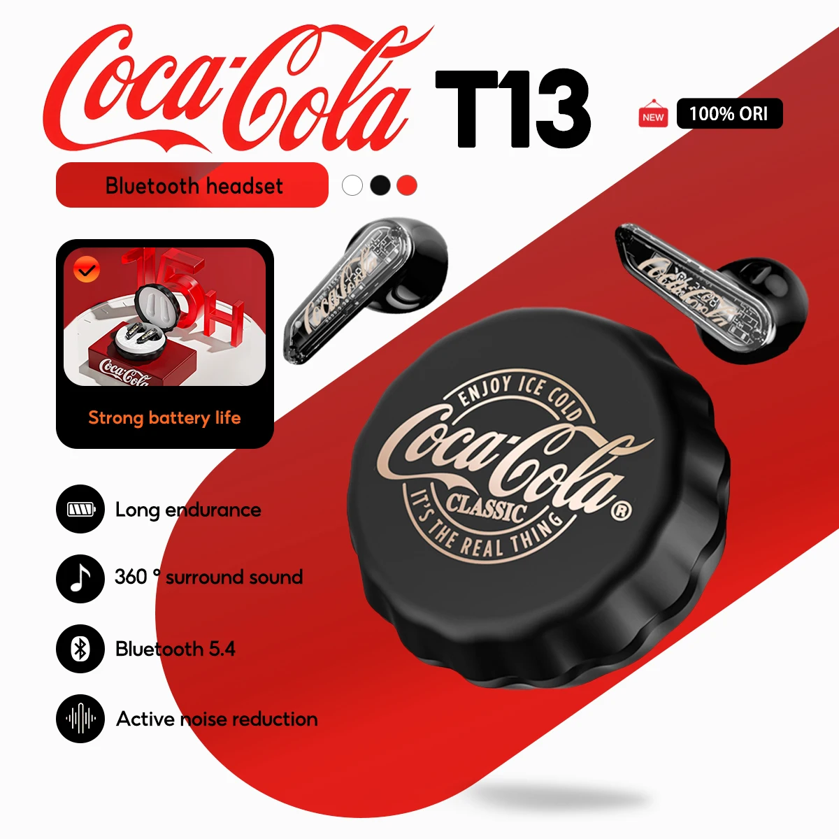 

Coca-Cola T13 True Wireless Bluetooth Earbuds Semi-in-ear Design | 13mm Dynamic Driver | ENC Noise Cancellation Bluetooth 5.4 |