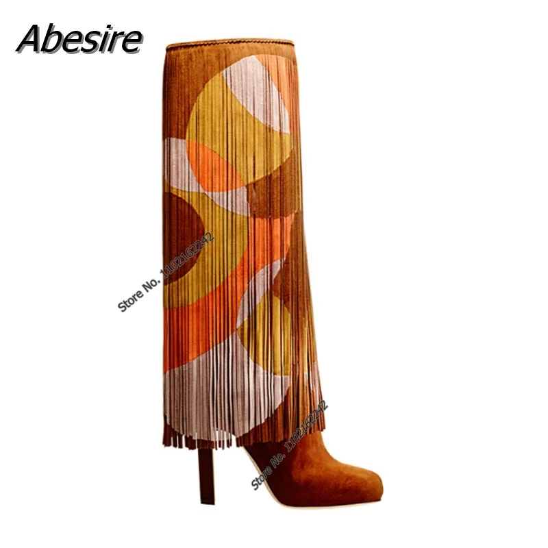 Ladies Long Fringe Tall Boots Pointed Toe High Heel Colorful Pattern Boots Party Prom Fashion Boots Gladiator T-Stage Show