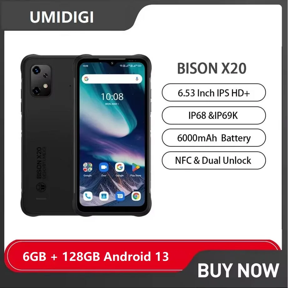 UMIDIGI BISON X20 смартфон с 5,5-дюймовым дисплеем, восьмиядерным процессором MTK Helio P60, ОЗУ 6 ГБ, ПЗУ 6,53 ГБ, 20 МП, Android 13