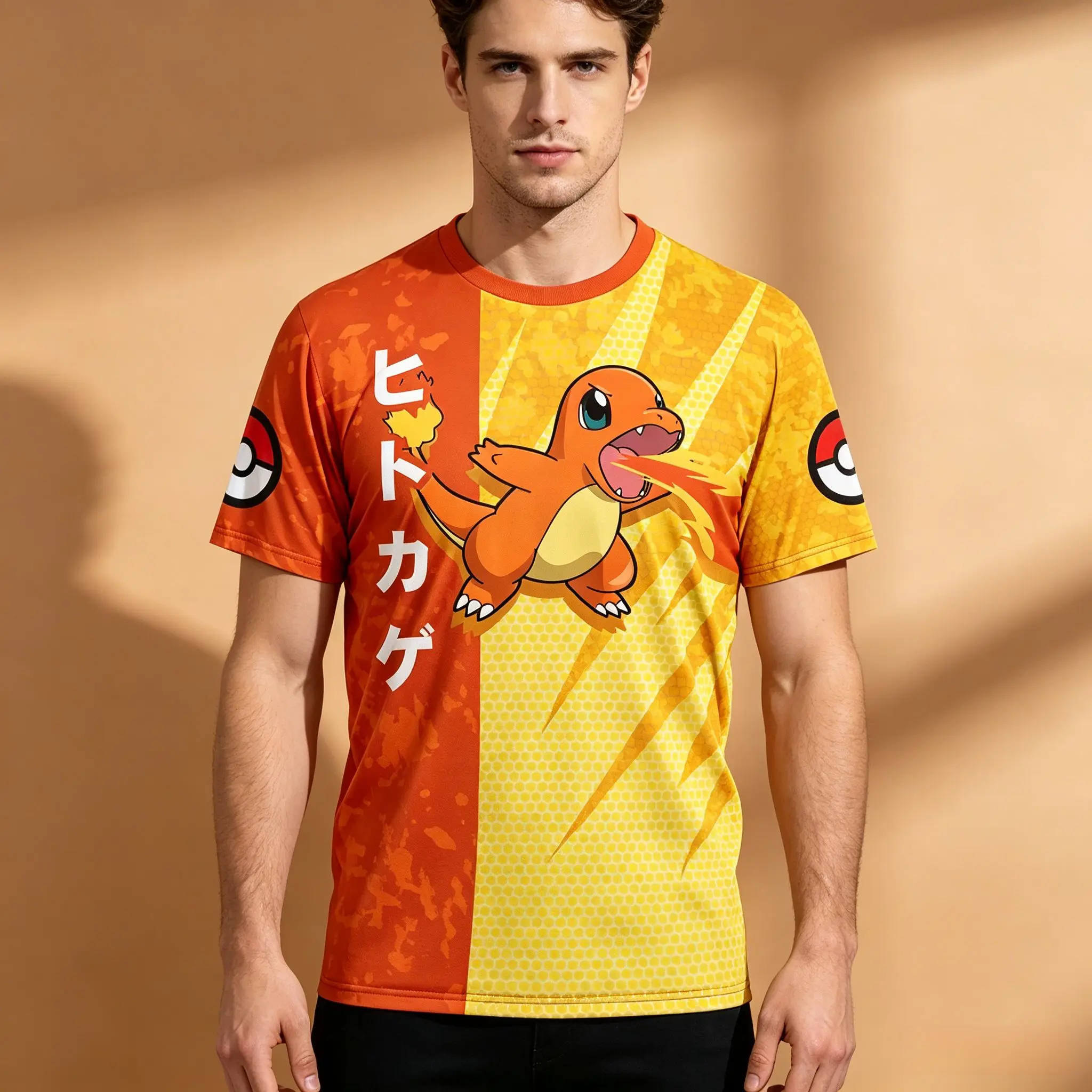 camiseta-masculina-bicolor-com-estampa-completa-sublimada-de-anime-estampa-de-pokemon-charmander-fire-breath-e-pokeball-nas-mangas-vertical