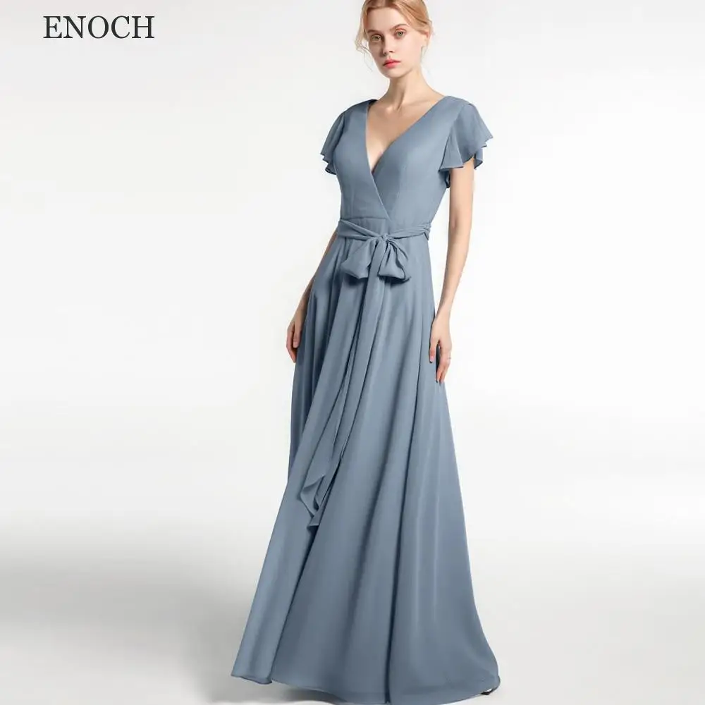 

ENOCH Simple V-Neck Neach Bridesmaid Dresses Short Sleeves Chiffon Party Dresses With Bow New Vestidos De Fiesta Floor Length