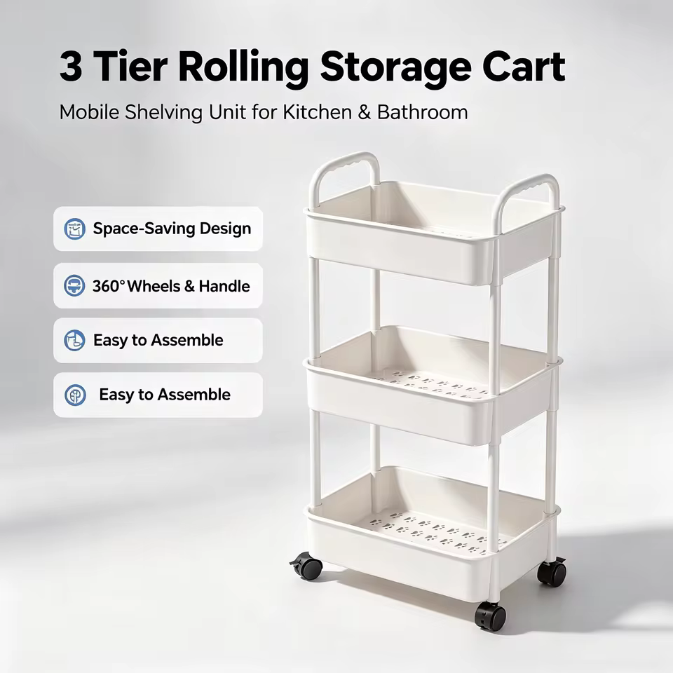 3-Tier Rolling Storage Cart with 360° Wheels