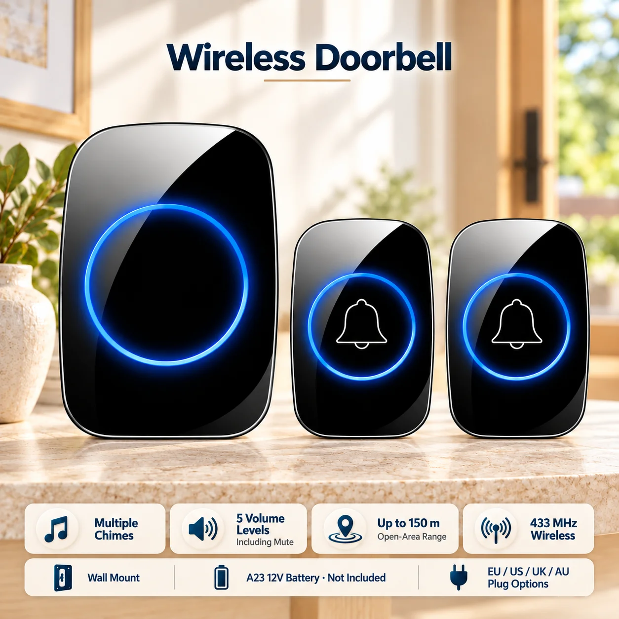 New Home Welcome Doorbell  Intelligent Wireless Doorbell Waterproof 300M Remote EU AU UK US Plug 433mhz smart Door Bell Chime