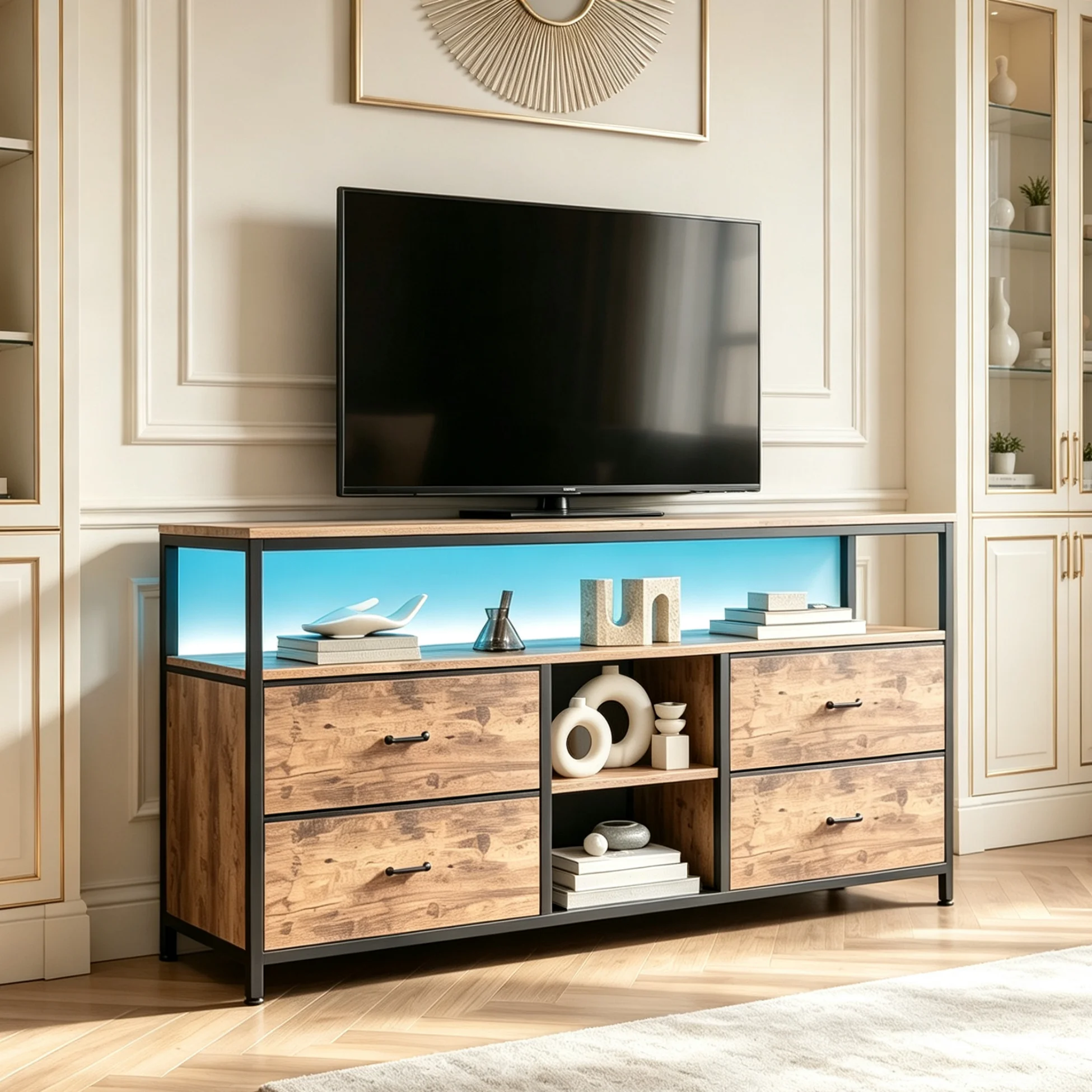 Mobile TV Simurq, dimensioni 108 x 30 x 77 cm, tavolino TV con 4 cassetti, 3 vani aperti, mobile TV basso con piedini regolabili, ideale per soggiorno o camera da letto, colore tigrato.