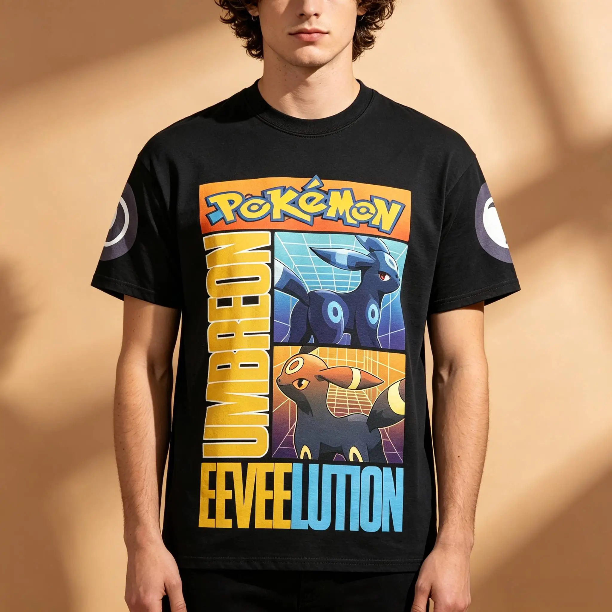 Herren-T-Shirt mit Pokemon Umbreon Espeon Eeveelution Anime japanischem Text und Ärmeldruck, Rundhalsausschnitt, Schwarz, Retro-Streetwear, Kurzarm