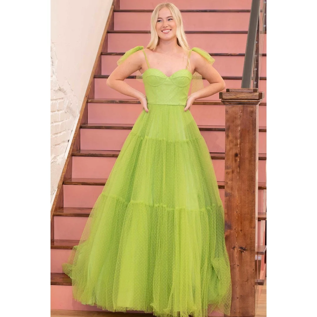 

Dot Tulle A-line Prom Dresses Teen's Sweetheart Bow Spaghetti Straps Homecoming Dress Pleats Backless Elegant Long Evening Gowns