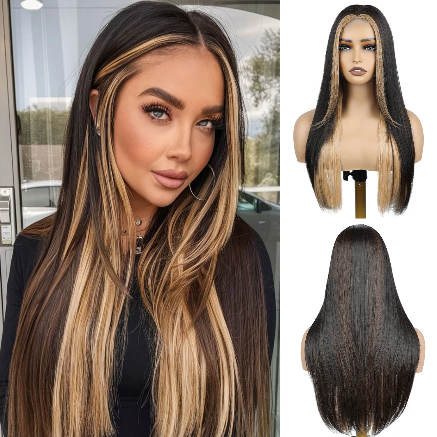 

Черно-золотистый синтетический парик — 26 дюймов, длинные прямые волосы с разрезом по центру, подходит для женщин.