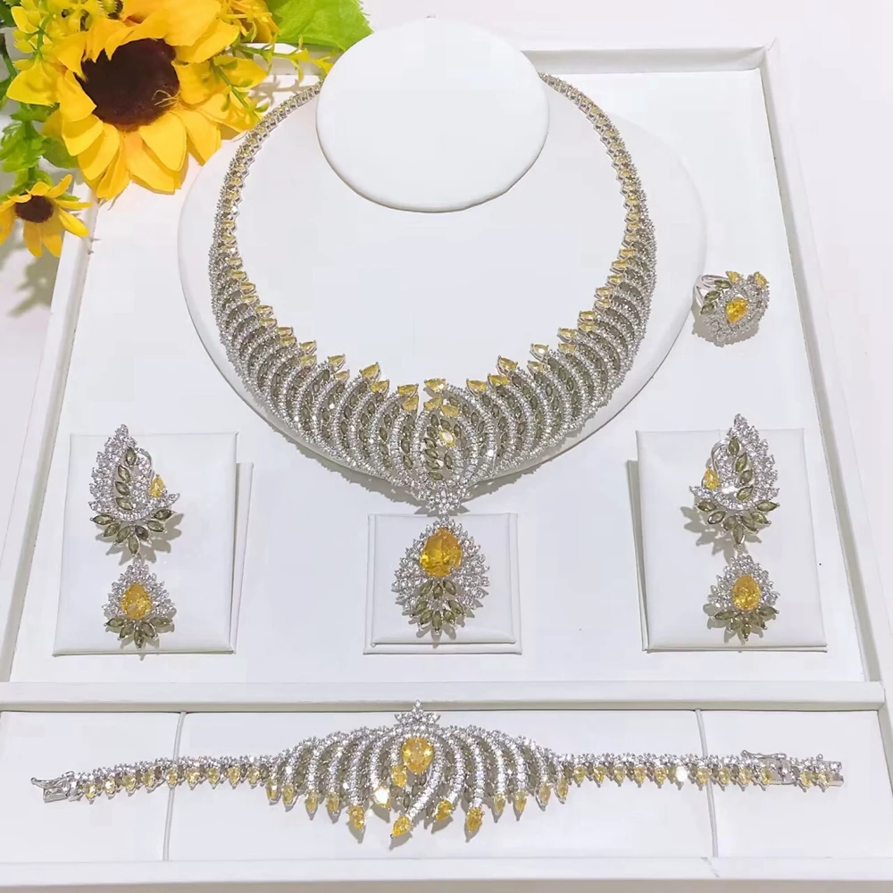 Luxury 5A CZ Diamond Wedding Jewelry Set Yellow Zirconia Statement Necklace Earrings Bracelet Ring for Women Party HZ26003228