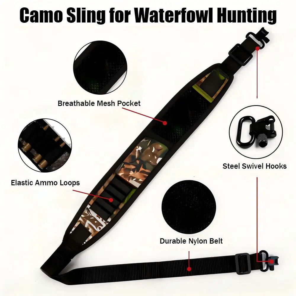 Waterfowl Hunting Camo Sling with QD Sling Swivel, Ammo Loops & Mesh Pocket, Adjustable Nylon Strap for Outdoor Hunting Gear