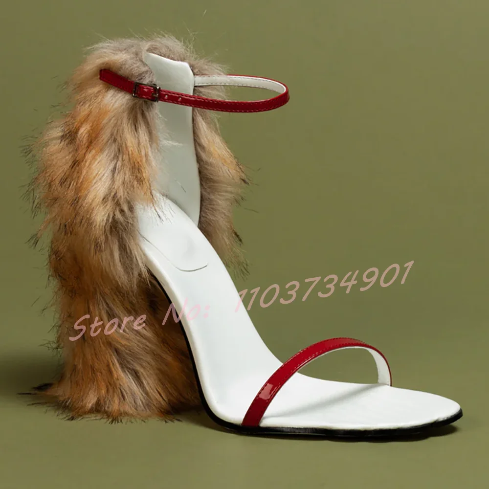 Furry Block Heel Toe Strap Sandals Female Elegant Party Ankle Strap Round Toe High Heels Shoes Lady Sexy Casual Concise Sandals