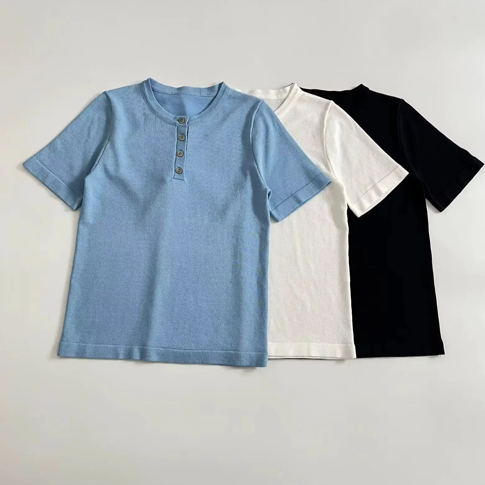 Vintage Knitted T Shirts Women Chic Basic Sweaters Fashion Button Front Blouses Casual Short Sleeve Henley Tops Tees Slim