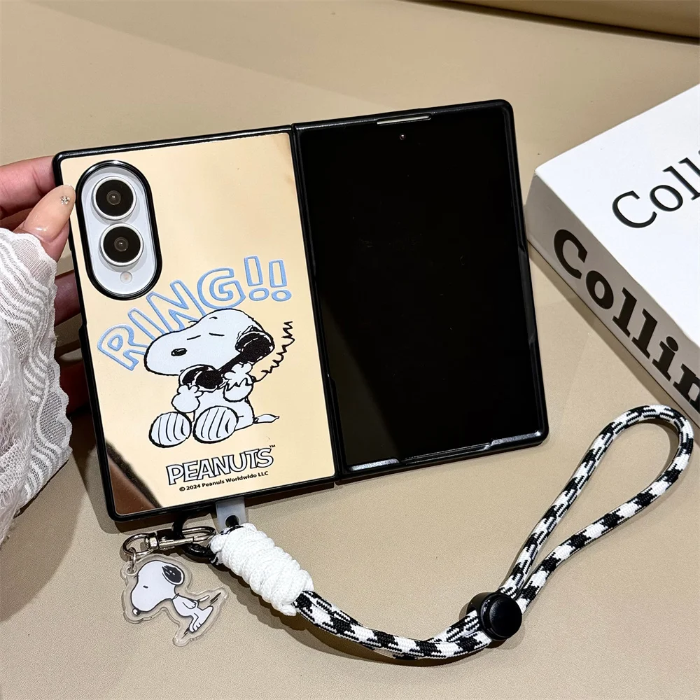 Korean Cartoon Snoopy With Mirror Phone case for Samsung Galaxy Z Fold 8 Ultra Fold 8 7 6 5 4 3 Cover With Chain Cute Case Funda