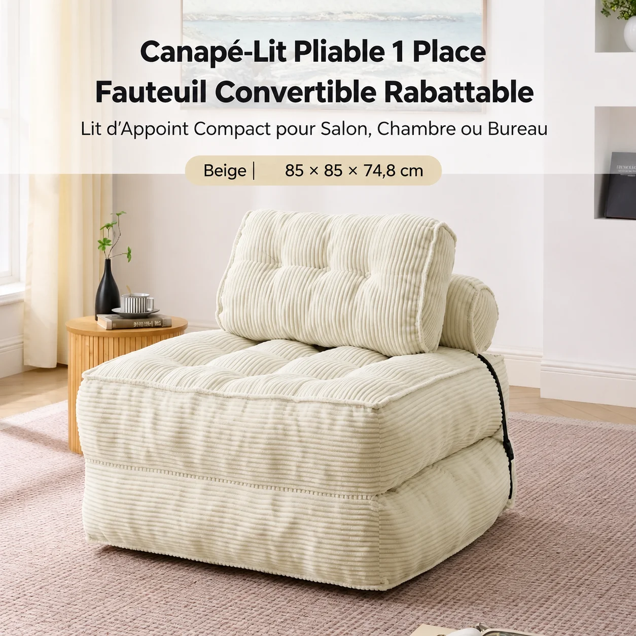 Fauteuil au sol 2-en-1 pliable en velours côtelé, dossier modulable, canapé-lit multifonction pour salon et chambre, Beige