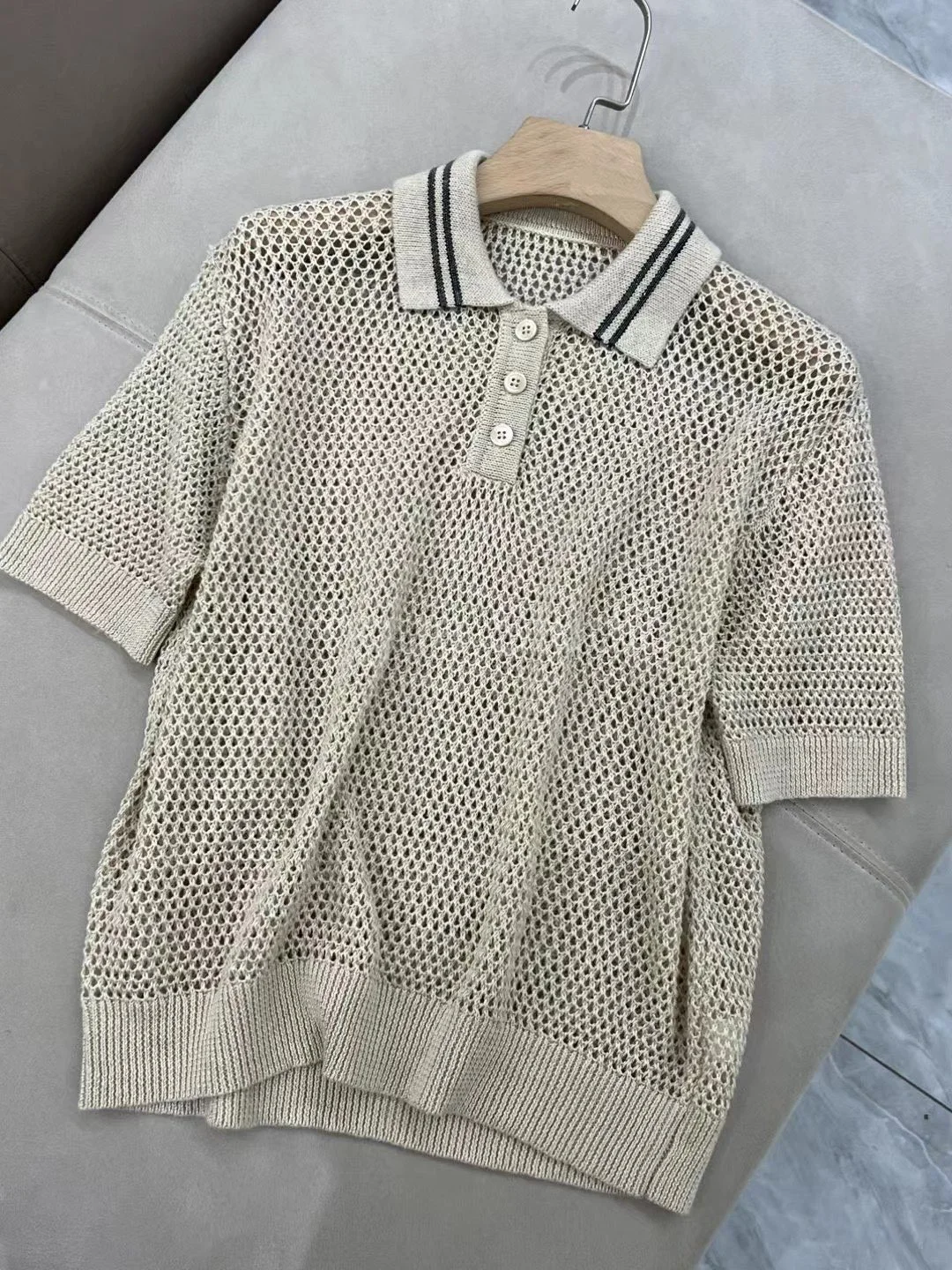 2023 Summer Collection Casual Linen Knitted Beaded Two Piece Polo Collar Set