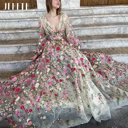 JEHETH Prom Dresses Luxury Flowers Puff Sleeves Evening Gown Backless Pastoral A Line Formal V-Neck Party Vestidos De Graduación