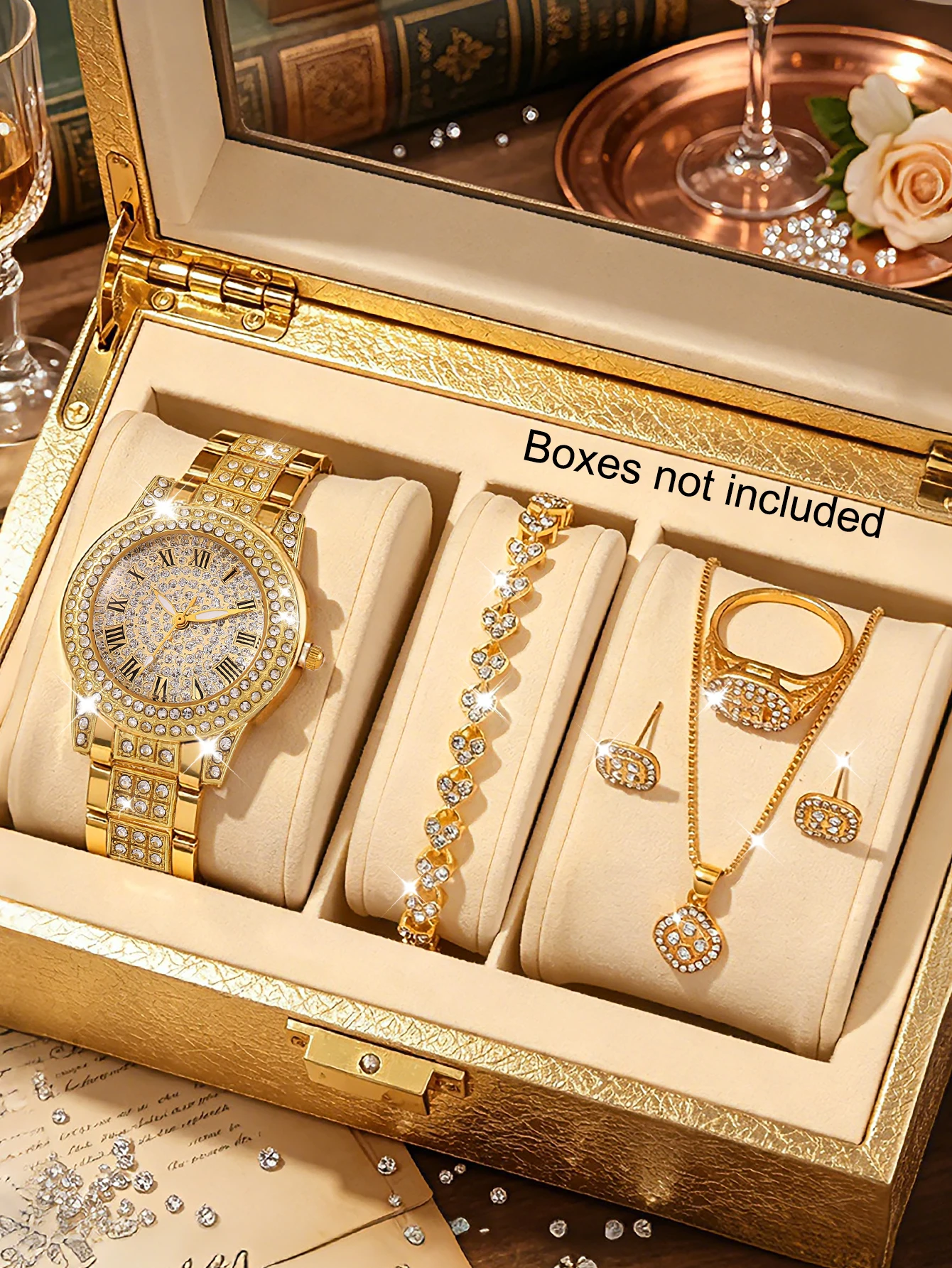 5-Piece Set, Elegant Women's Watch and Fashionable Jewelry Set, Stylish Casual Set Suitable for Everyday Wear, Also Ideal as a Holiday Gift.