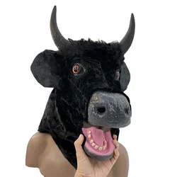 Realistic Moving Mouth Horn Mask Horror Black Cow Plush  Headsuit Halloween Carnival Masquerade Party Animal Costume Props