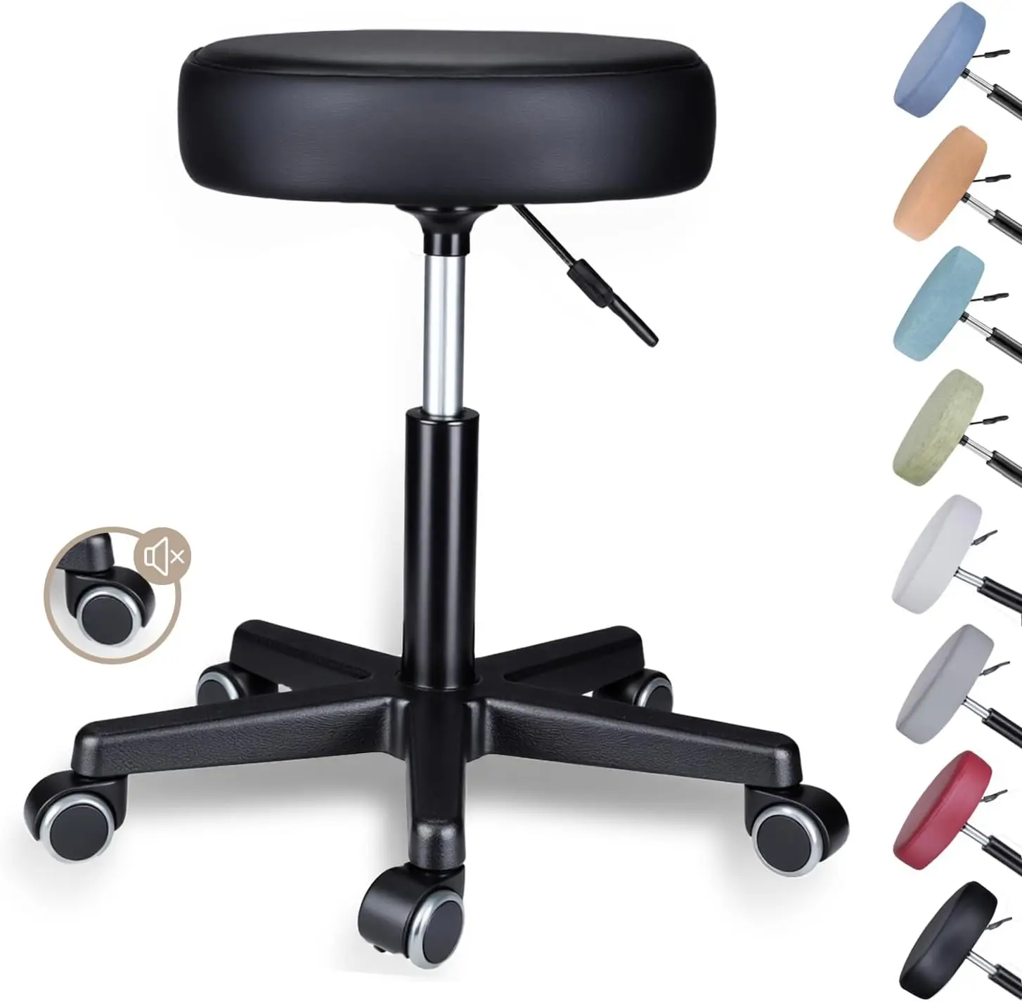 Rollhocker Höhenverstellbar mit Rollen, Ergonomischer Drehhocker 360°, Bürohocker mit 10 cm Polsterung, Werkstatthocker, Praxishocker, Belastbar bis 130 kg