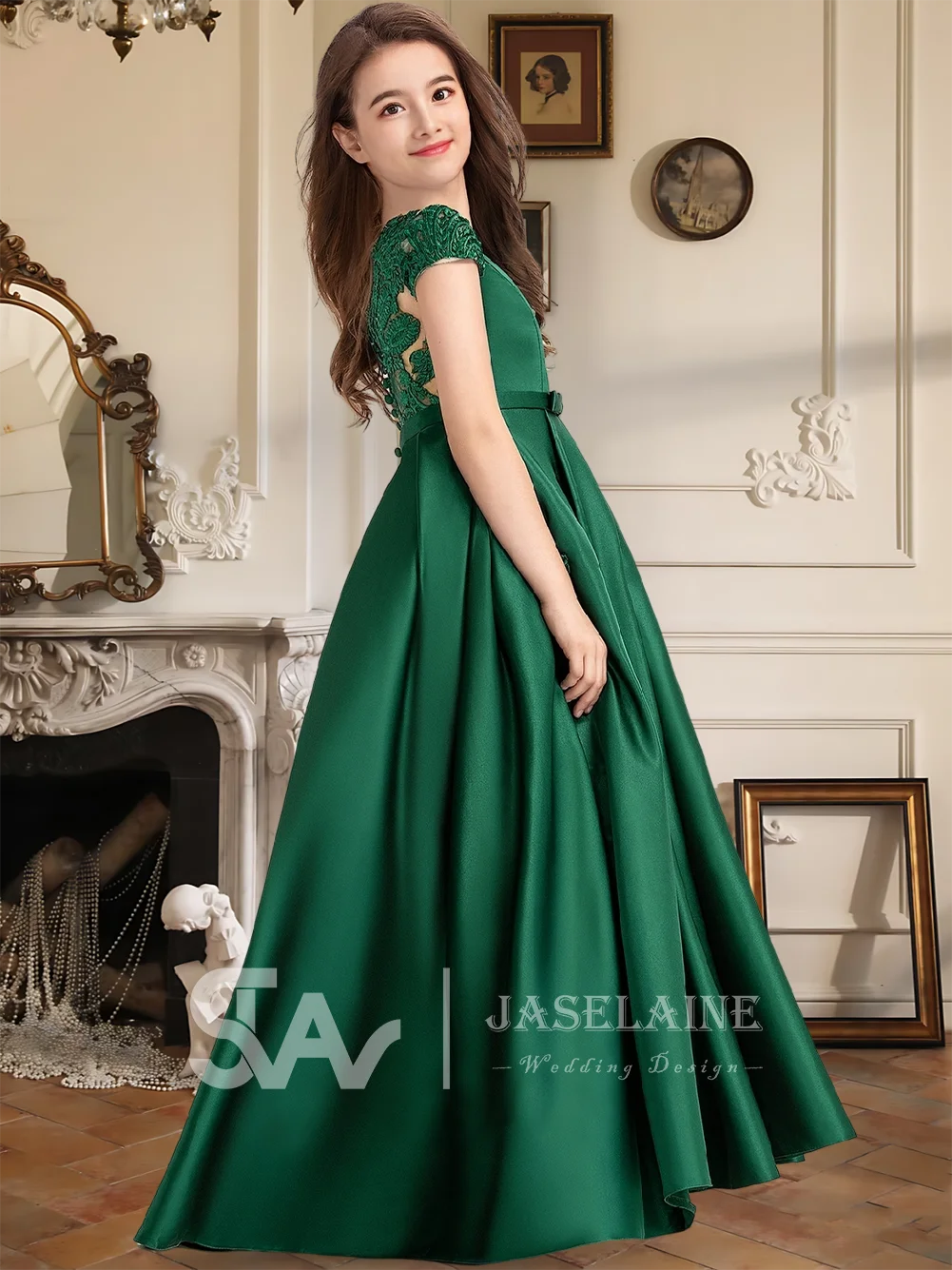

A Kids Ball-Gown Princess Scoop Floor-Length Satin Lace Junior Bridesmaid Dress With Bow Flower Girl Dress Wedding Party Formal