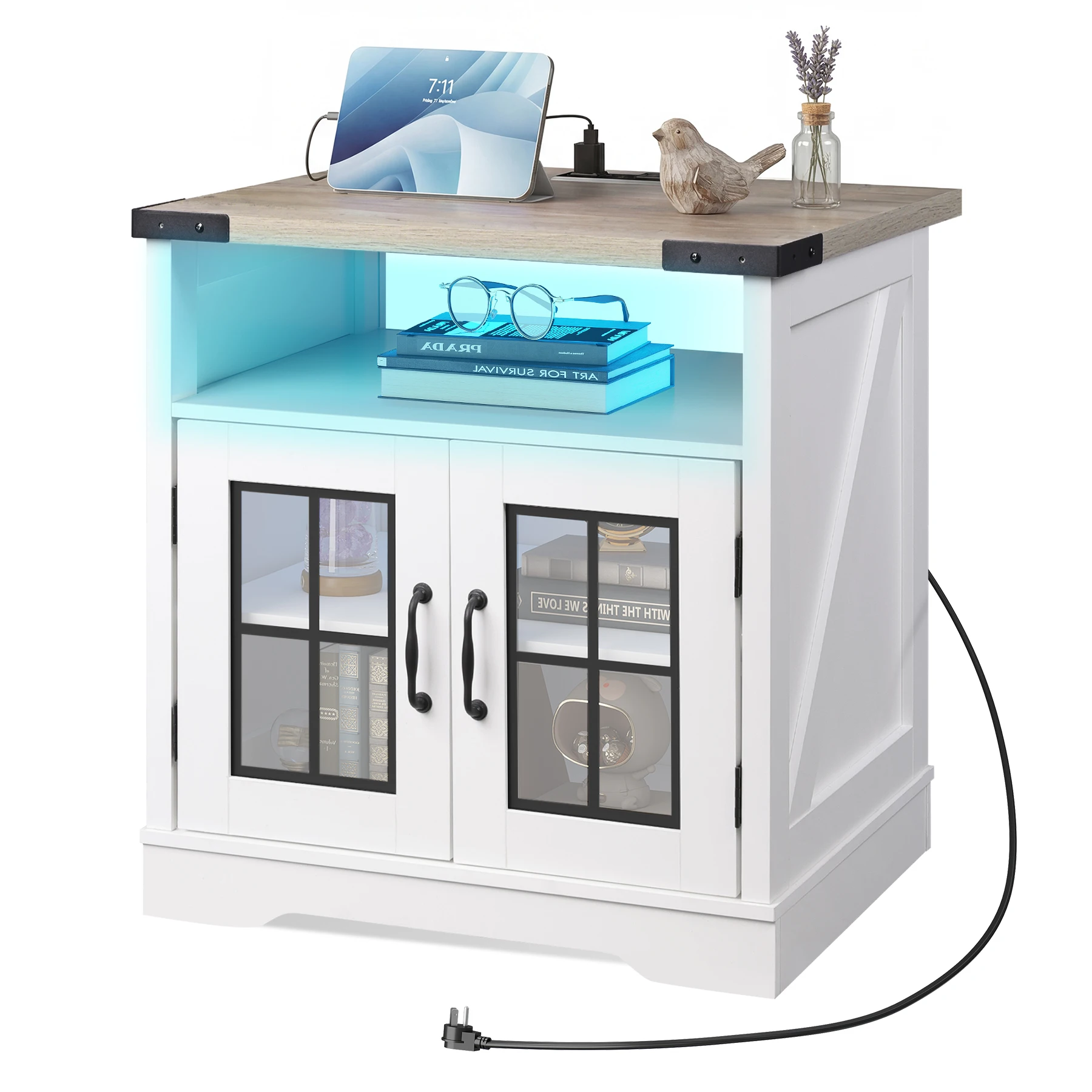 Farmhouse End Table with Charging Station & LED Light for Living Room Side Table with Adjustable Storage Shelf for Bedroom, Office, Rustic Wood Bedside Table