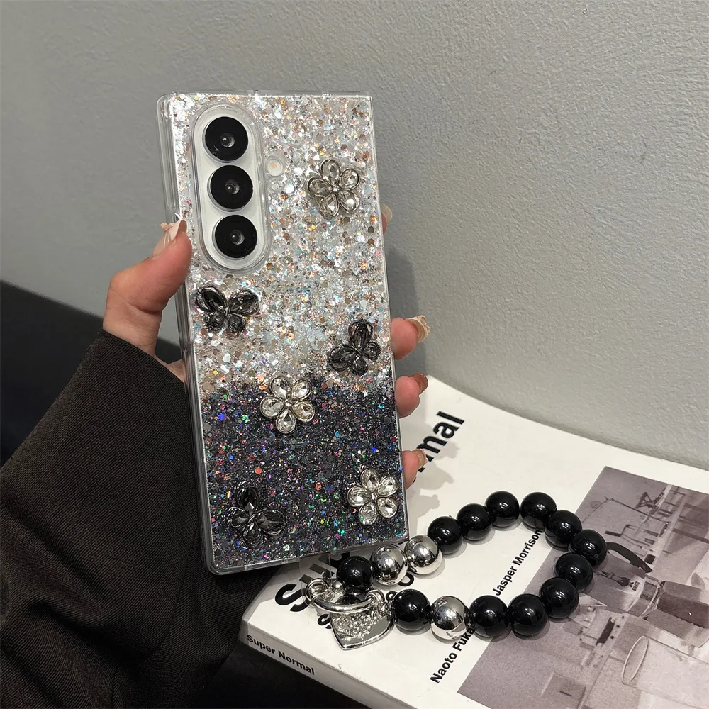 

Luxury Diamond Butterfly Flower phone case for Samsung Galaxy Z Fold 7 6 zfold6 5 ZFold 5 4 Cover With Chain Shockproof Fundas