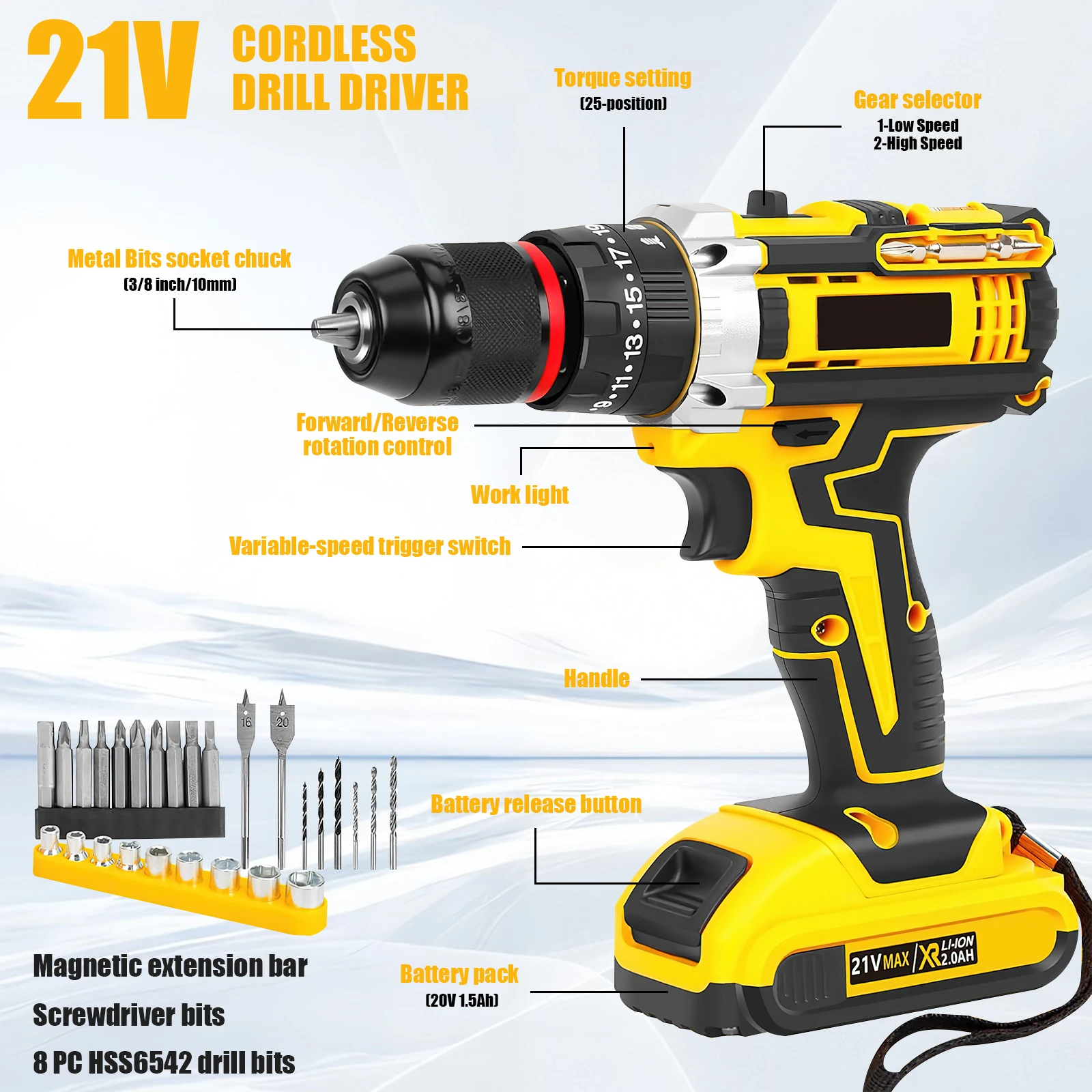 Taladro de impacto eléctrico con 25+3 niveles de torque, destornillador eléctrico inalámbrico con 2 velocidades ajustables, 25+3 niveles de
