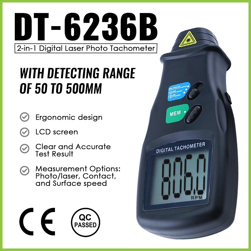 2-in-1 Digital Tachometer Contact and Non-contact Laser Photo Rotational and Surface Speed 2.5 to 99,999RPM Gauge Durable