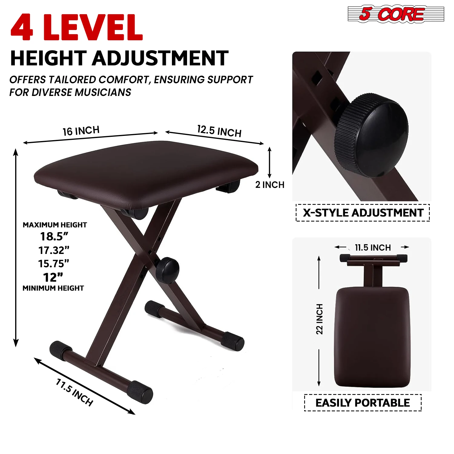 5 Core Keyboard Bench 2 Inch Padded Cushioned Piano Stool Height Adjustable 19
