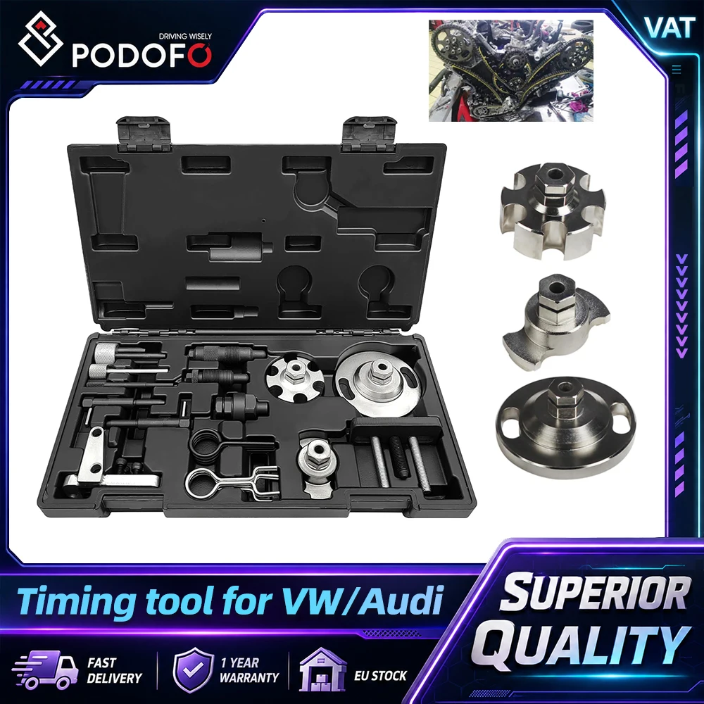 Podofo – Kit de calage de distribution pour moteur diesel, 15 pièces, compatible avec VW Audi A6L 2.7, Q7 3.0TDi, 4.0 4.2Tdi V8 CRD A4, A5, A6, A8, Q5, Q7 2.0D 2.7D 3.0TDI – Outil de réparation automobile pour démontage et réparation du moteur