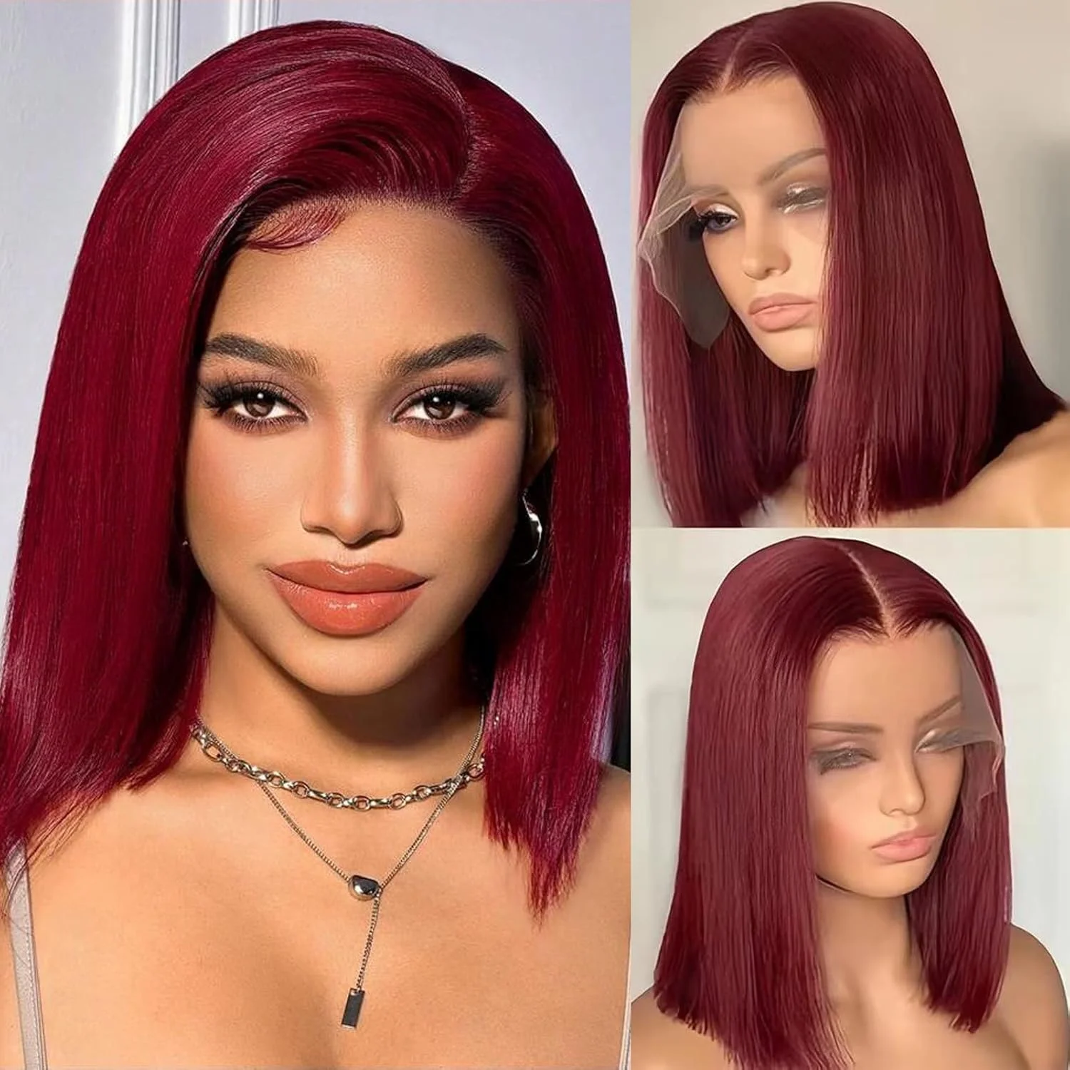 Короткие парики из натуральных волос 99J HD Прозрачный кружевной бразильский бордовый прямой парик 13x4 с кружевной передней частью Предварительно выщипанная линия волос для женщин