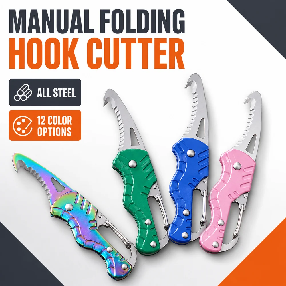 Portable Mini Manual Folding Hook Cutter All Steel Serrated Package Opener with Rear Clip for Carton Tape Strap Rope