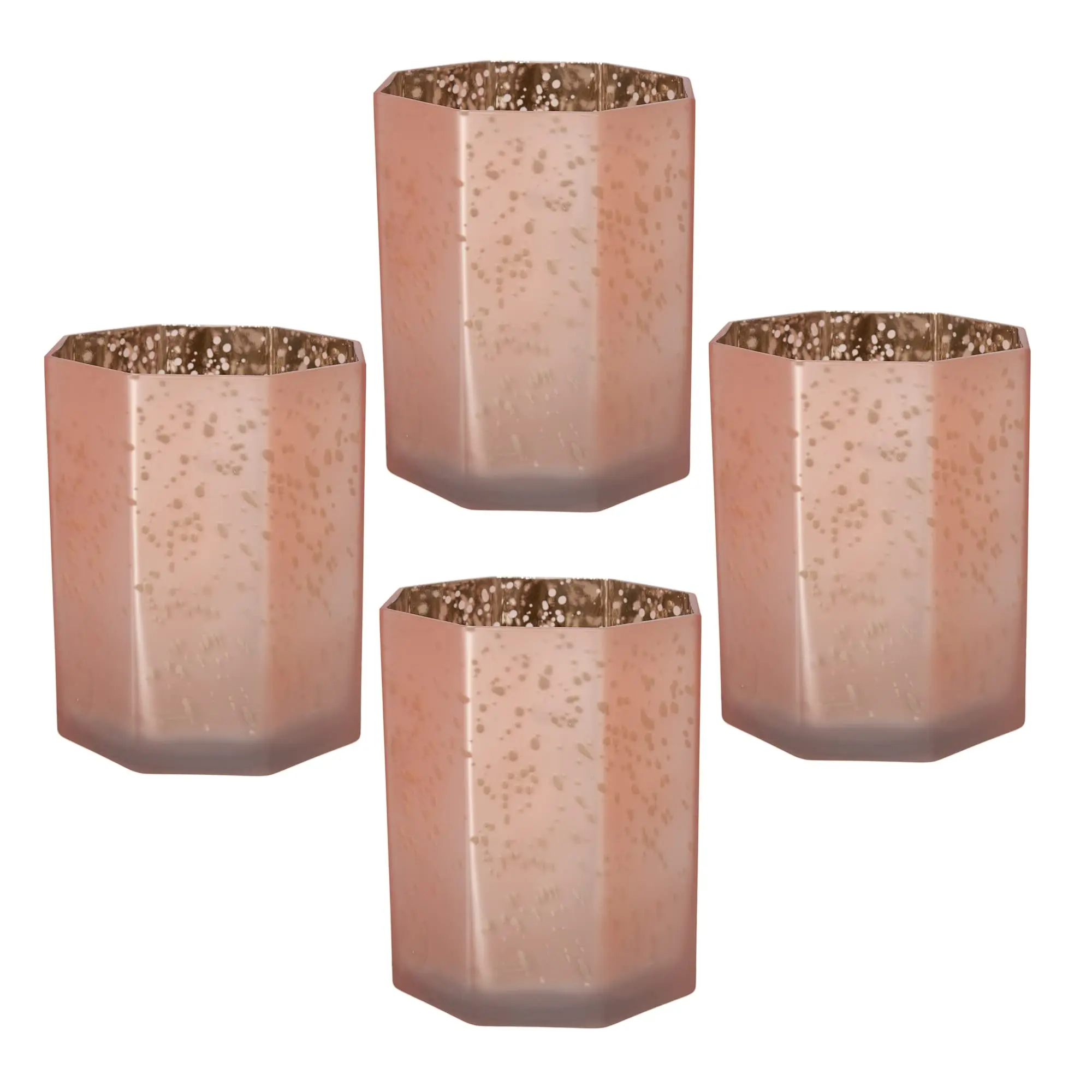 

Pink Frosted Mercury Glass Candle Holder – 5.9" Octagonal Set of 4, Pink Frosted Exterior Silvered Interior, Modern Tabletop