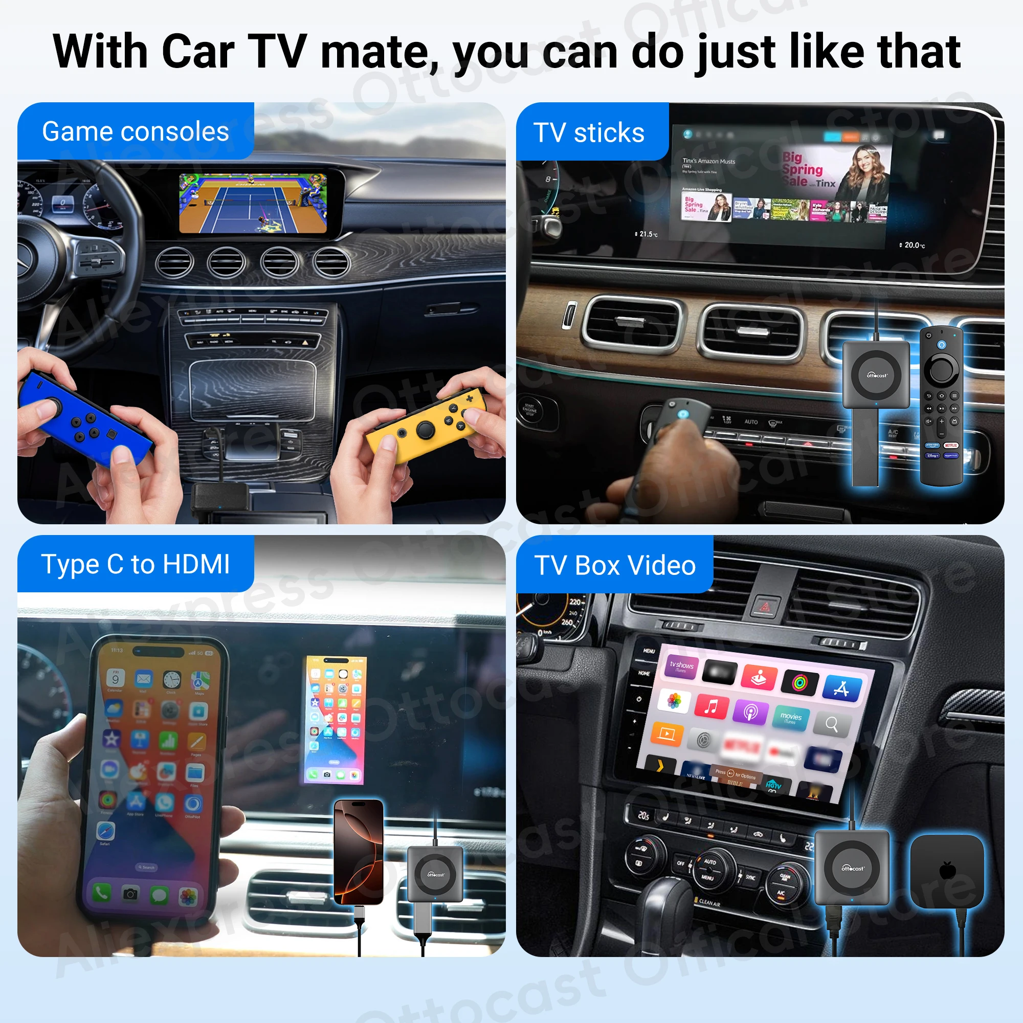 OTTOCAST adaptor mobil TV Mate C4, nirkabel Android Auto CarPlay mendukung untuk input HDMI konverter Video untuk stik TV konsol Game