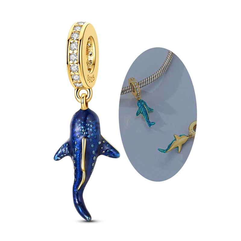 925 Sterling Silber Blaue Charms Walhai Meeresschildkröte Delfin Seepferdchen Anhänger Perle Passend für Original Armreif Armband Charms Schmuck