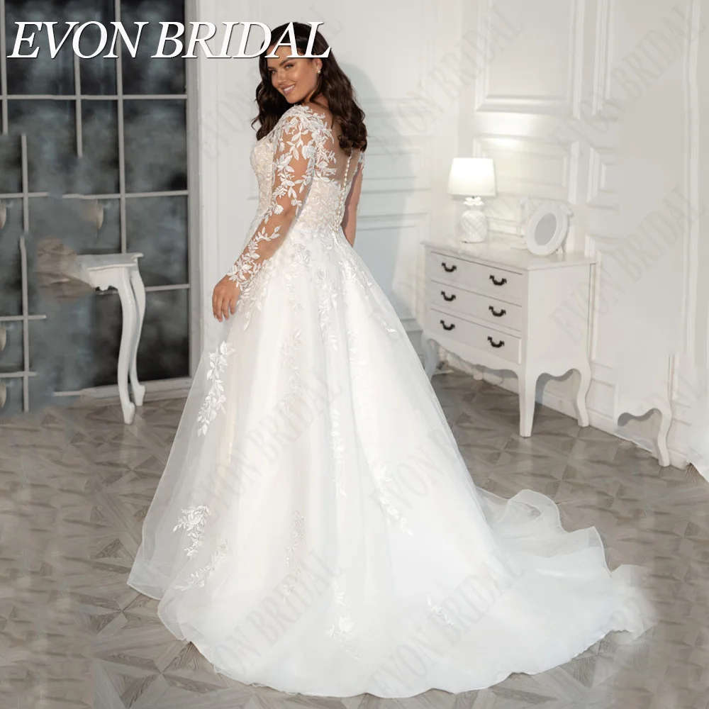 EVON BRIDAL Elegant Wedding Dress 2024 Long Sleeves Plus Size Bride Party Gowns Lace Applque A-Line Illusion robe de mariée