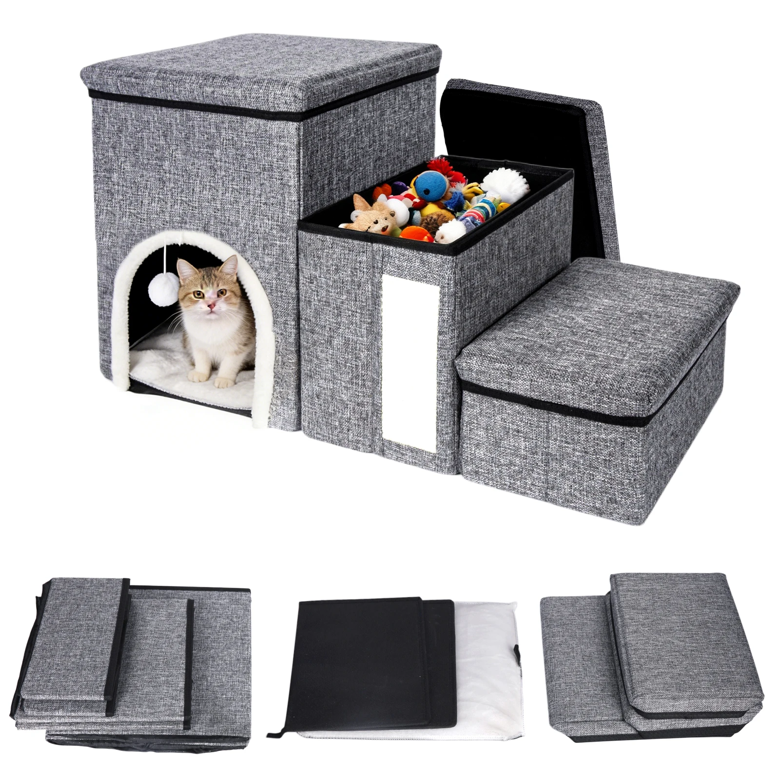 Faltbare Hundetreppe 3 Stufen für Sofa und Bett, Haustiertreppe für ältere Katzen und Hunde, rutschfeste Basis, breitere Stufen mit praktischer Aufbewahrung, faltbare Haustierrampe, breitere Stufen,