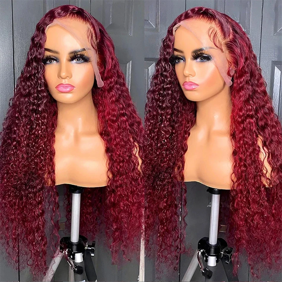 Perruque Lace Front Wig Naturelle Bouclée, Cheveux Humains, Deep Wave, Bordeaux 99J, Couleur Vin Rouge, 13x4, 13x6 HD, 30 Pouces