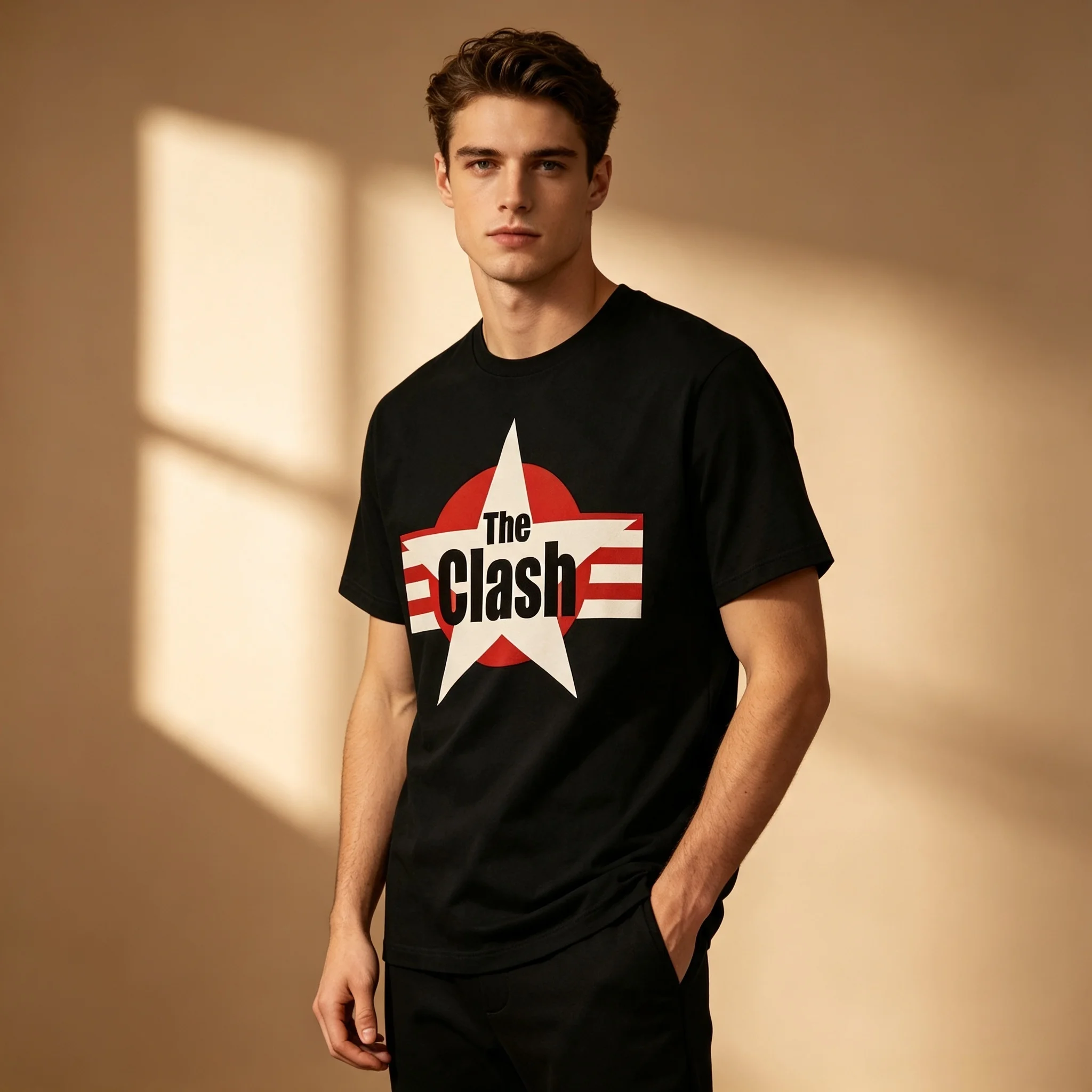 Men Red White Five-pointed Star Stripes Print T-shirt Crew Neck Vintage Street Casual Black Short Sleeve Tee