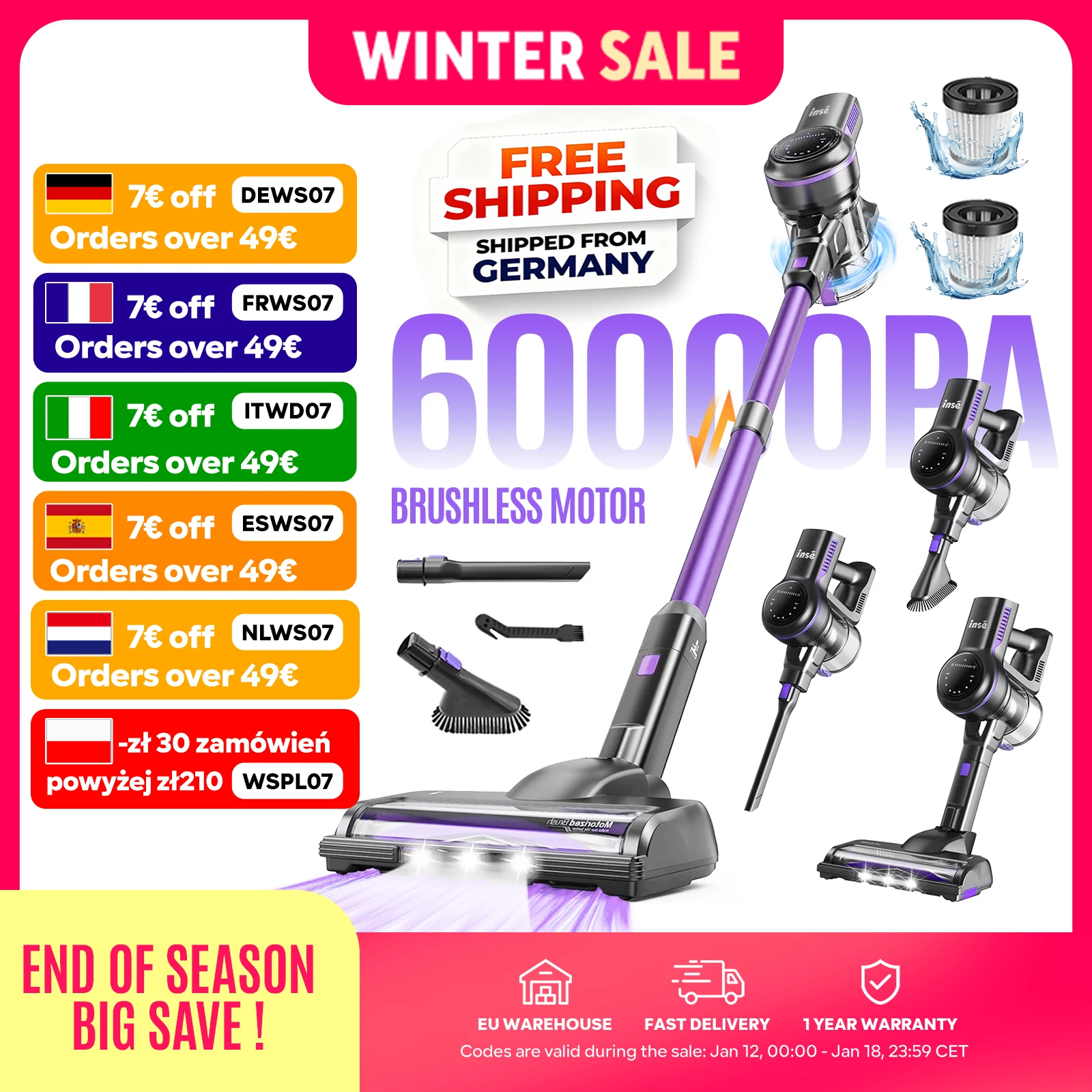 Inse S7P Aspirapolvere Senza Fili, 60KPa, Batteria Rimovibile,Tazza di Raccolta Polveri da 1,3L, per 50 Minuti, per Pavimenti, Tappeti e Capelli