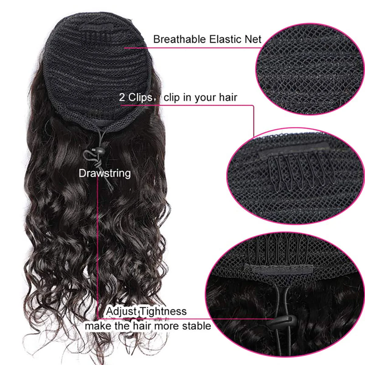 Extensions de queue de cheval bouclées Deep Water Wave avec clips, Wstring de proximité, document noir naturel, cheveux 100% humains