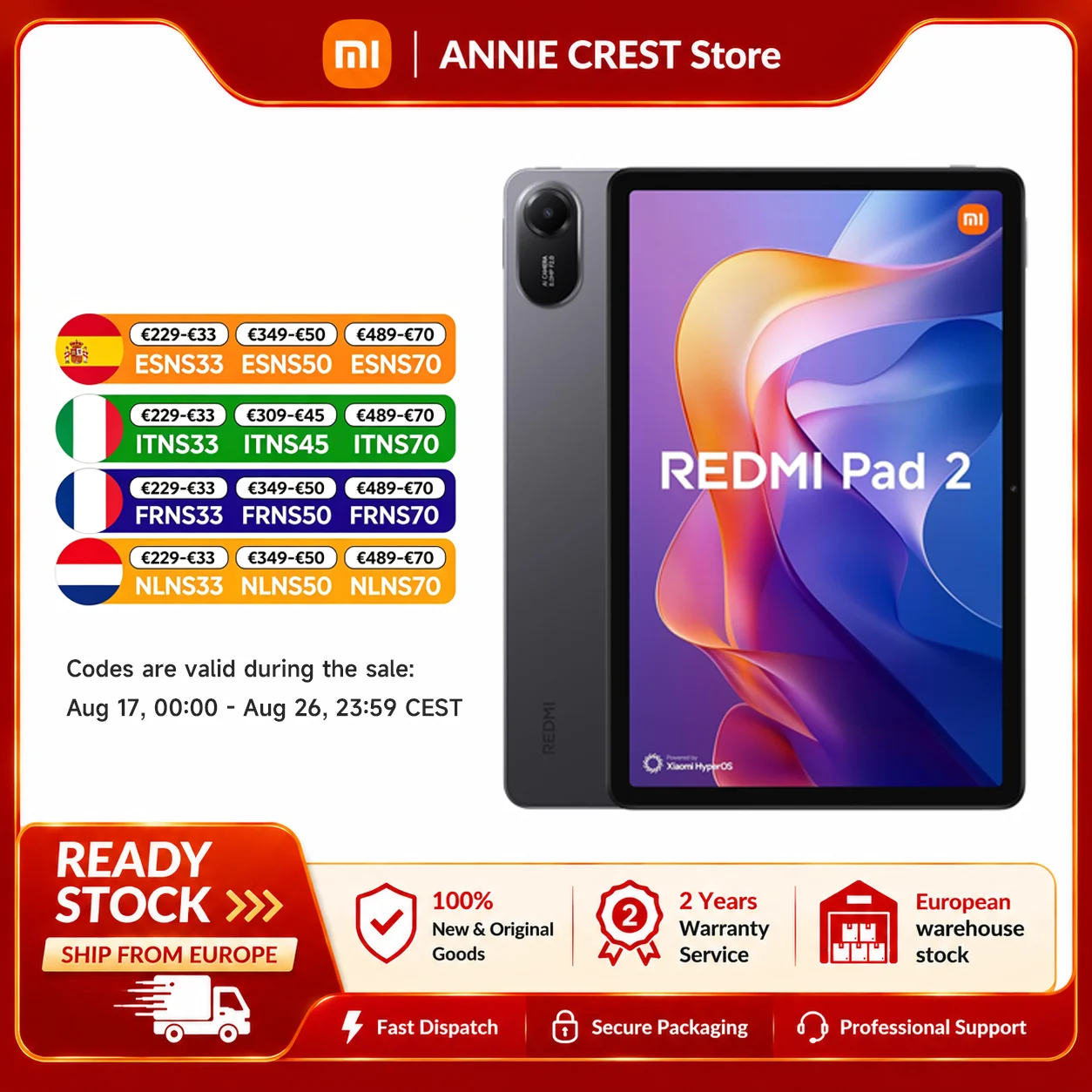 Xiaomi Redmi Pad 2 9000mAh, schermo Wi-Fi 5 da 11 pollici 2.5K 90 Hz, processore MediaTek Helio G100-Ultra, HyperOS, IPv6, fotocamera 8MP, ricarica rapida