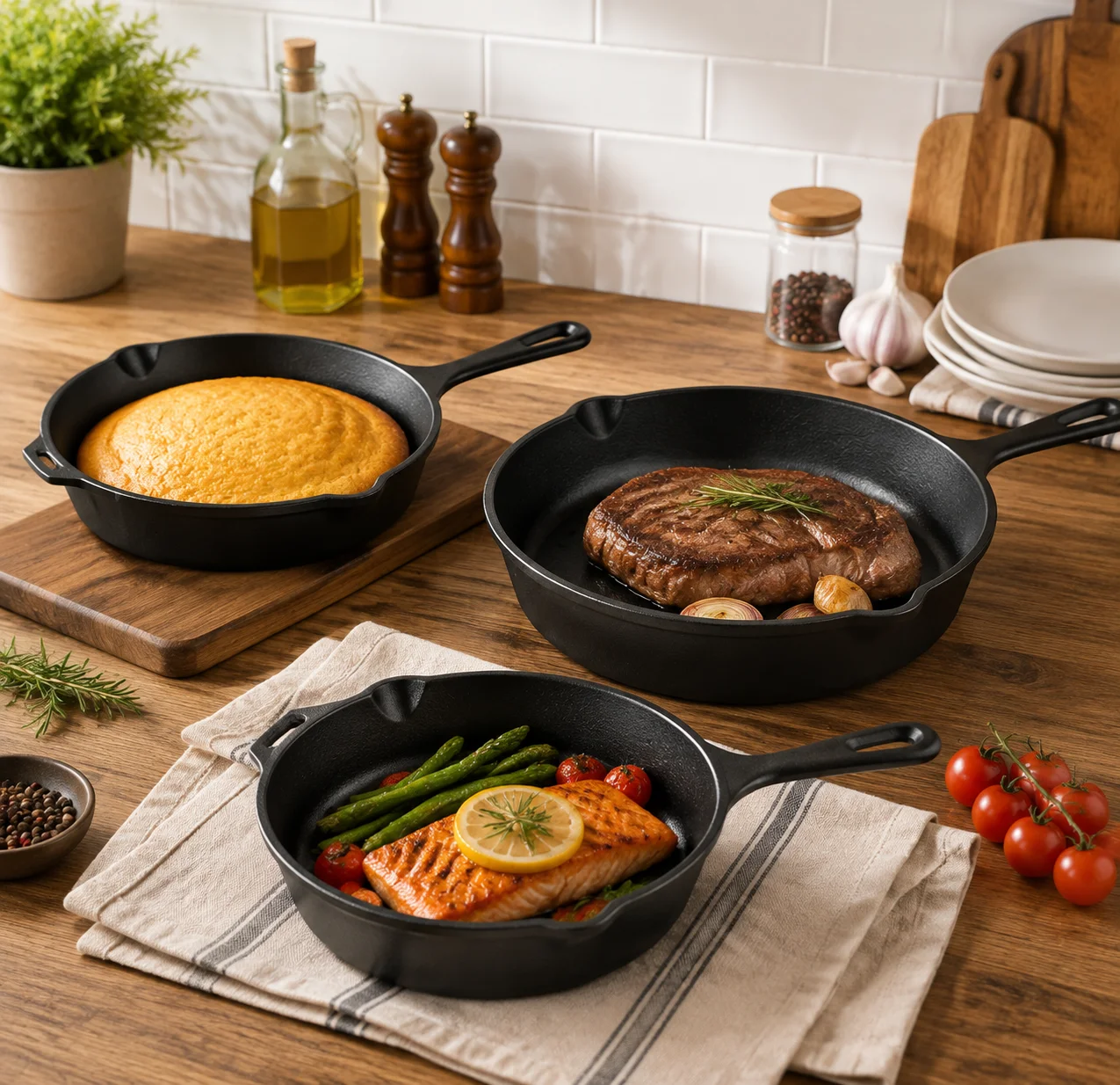 3-Piece Pre-Seasoned Cast Iron Skillet Set, Cast Iron Frying Pans with Pour Lips, Kitchen Cooking Cookware for Stove Induction Grill
