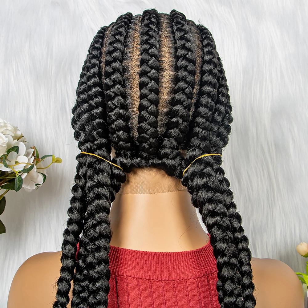 36inch Natural Handmade Cornrow Braided Wigs Synthetic Transparent Full Lace Braided Lace Wig with Baby Hair for Black Women