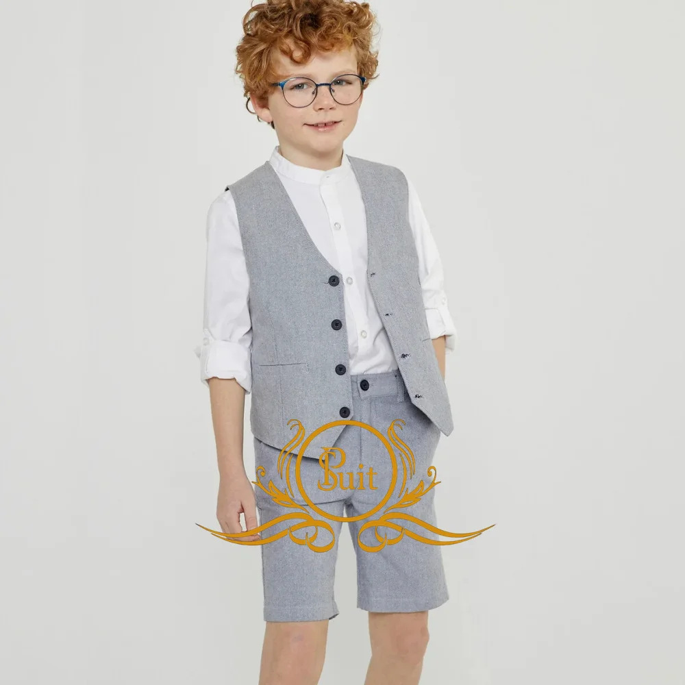 Gray Boy Suit 2 Piece Vest Pants Set Wedding Kids Tuxedo 2-16 Years Old Casual Party Clothes Fashion Outfit