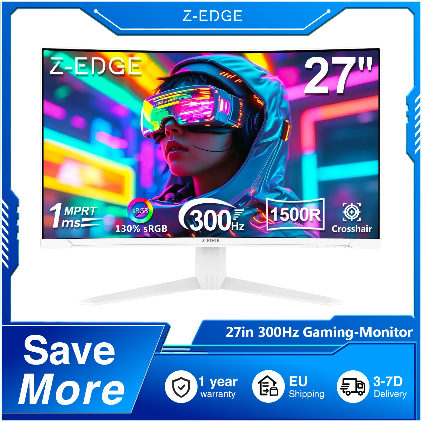 Z-EDGE 27 Zoll Curved Gaming Monitor 300Hz VA Panel Full HD 1920*1080 16:9 LED-Display 1ms MPRT HDR10 AMD FreeSync 300cd/m² 130% sRGB VESA, Flimmerfrei & Blaulichtfilter