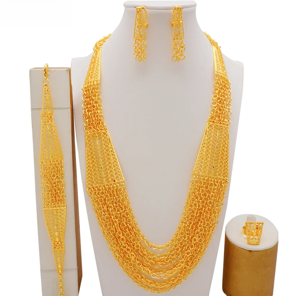 Luxus African Dubai Gold Farbe Schmuck-Set Für Frauen Hochzeit Quaste Halskette Armbänder Ohrringe