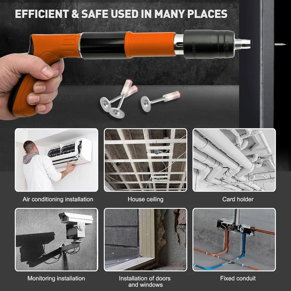 Manual Concrete Nail Gun Wall Fastening Tool with 50 Round Nails Carrying Case For Concrete Brick Masonry Wood
