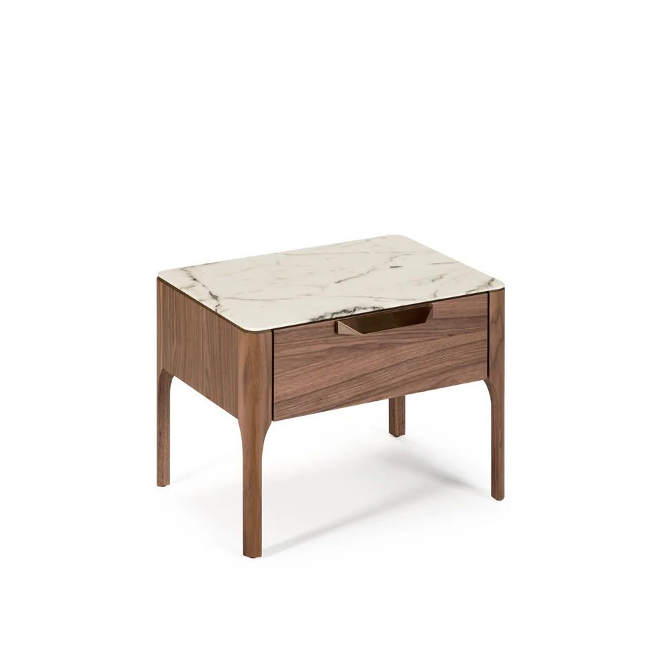 Night Stand in walnut-plated wood and calacatta marble effect fiberglass lid with drawer. Copper steel puller color.