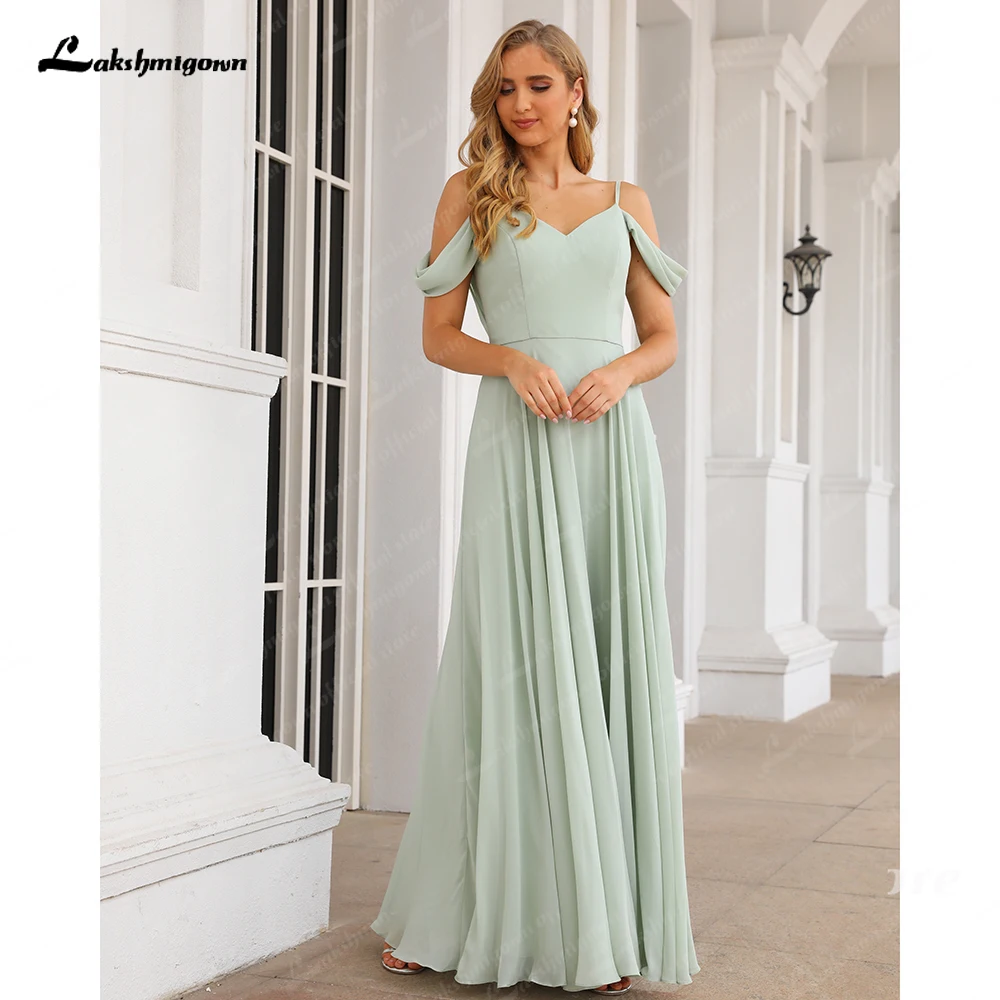 

Beautiful Off Shoulder Sleeves Mint Green Bridesmaid Dresses Vestidos De Mujer Chiffon Long Wedding Party Gowns Cowl Back